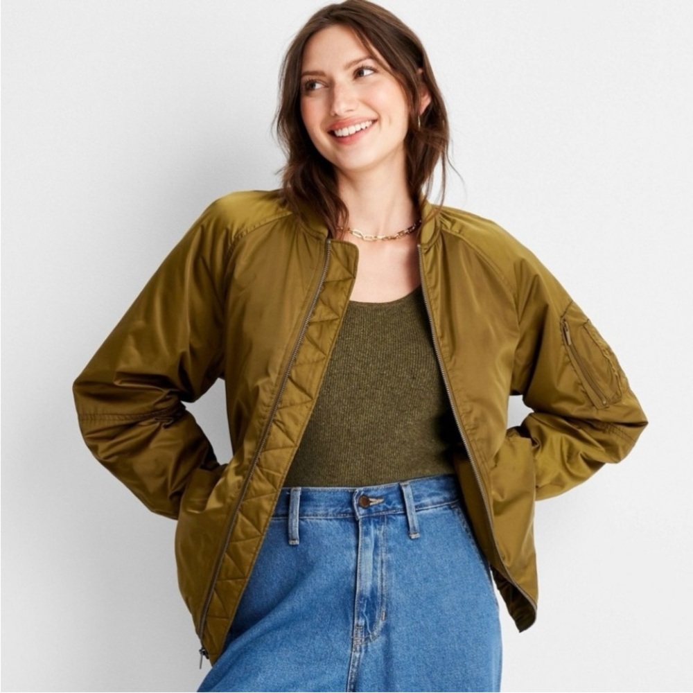SHINY GOLD GREEN OVERSIZED BOMBER JACKET Target A New Day Size Large EUC